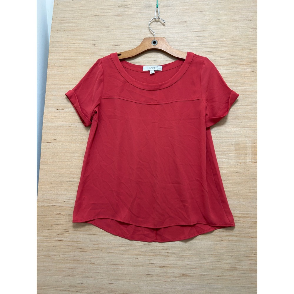 Ann‎ Taylor Loft Petites Red Short Sleeve Scoop Neck Pleated Back Blouse XSP
